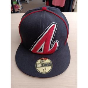 New Era Big Under Atlanta Braves Navy 59FIFTY Fitted Hat 7 5/8 EUC